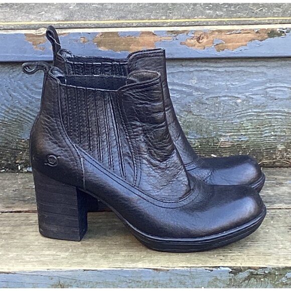 Born Black LeatherChelsea Ankle Boots Block Heel 3” 3/4” Platform US 7.5 EU 38.5 - Picture 5 of 8